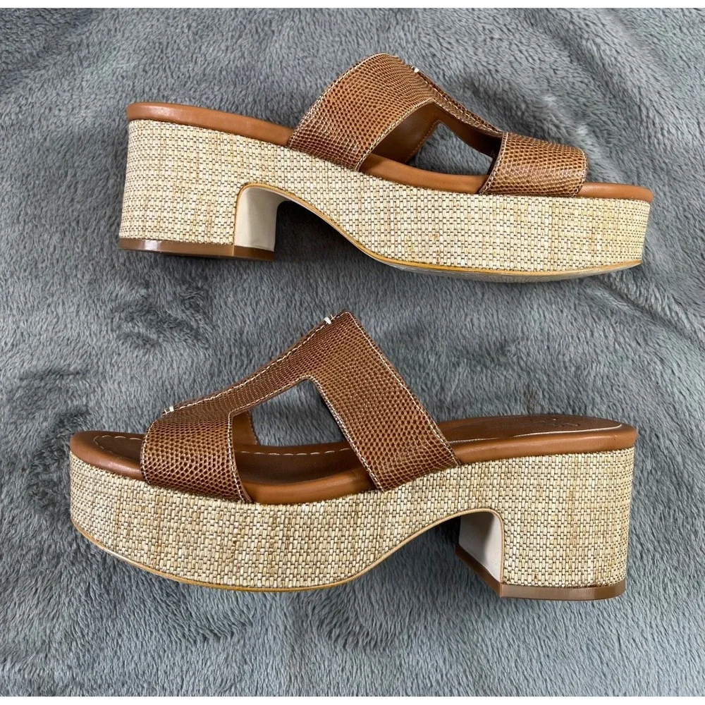 Donald Pliner Disco Platform Sandals 9.5 Brown Snake Embossed Raffia Slides